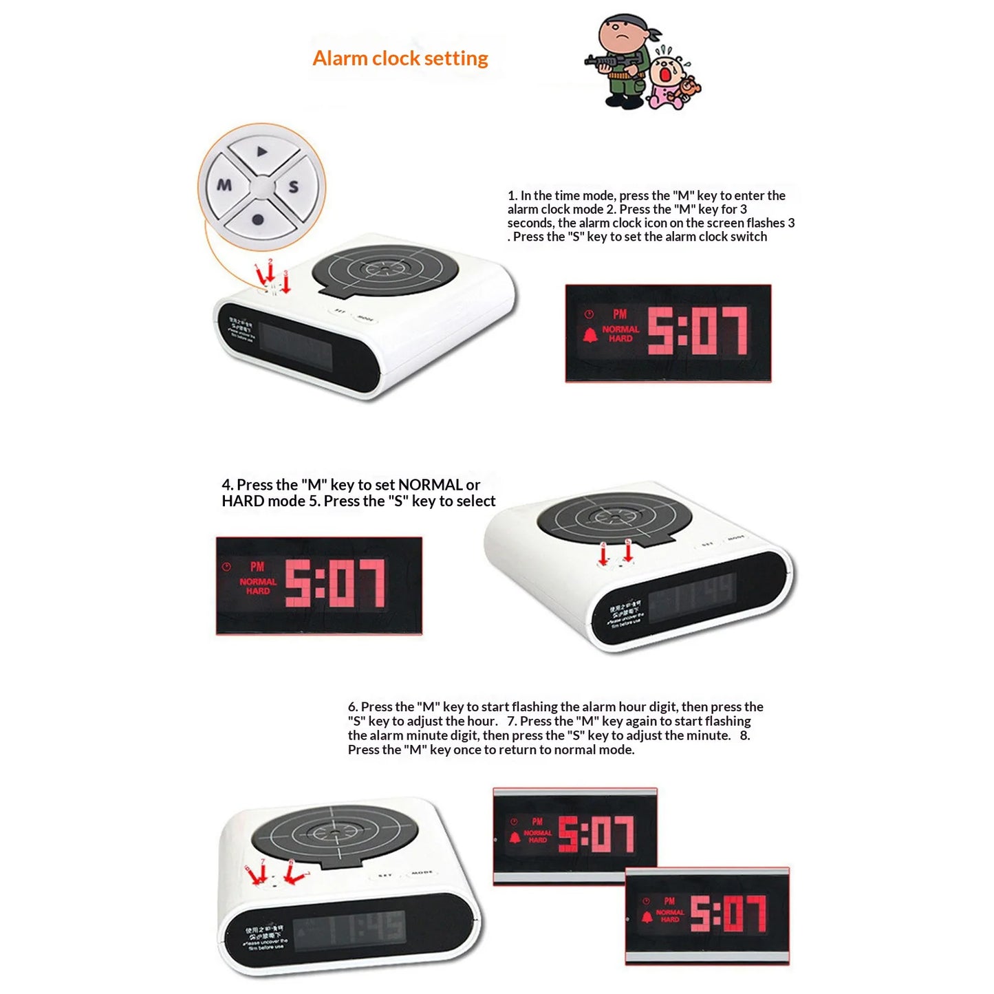 Target Shooting Alarm Clock – LED Display, 2 Alarm Modes, Infrared Gun