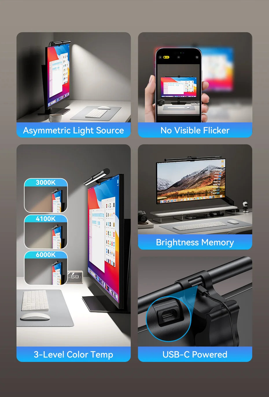 LED Monitor Light Bar – Eye Protection, 3 Color Temps, USB-C