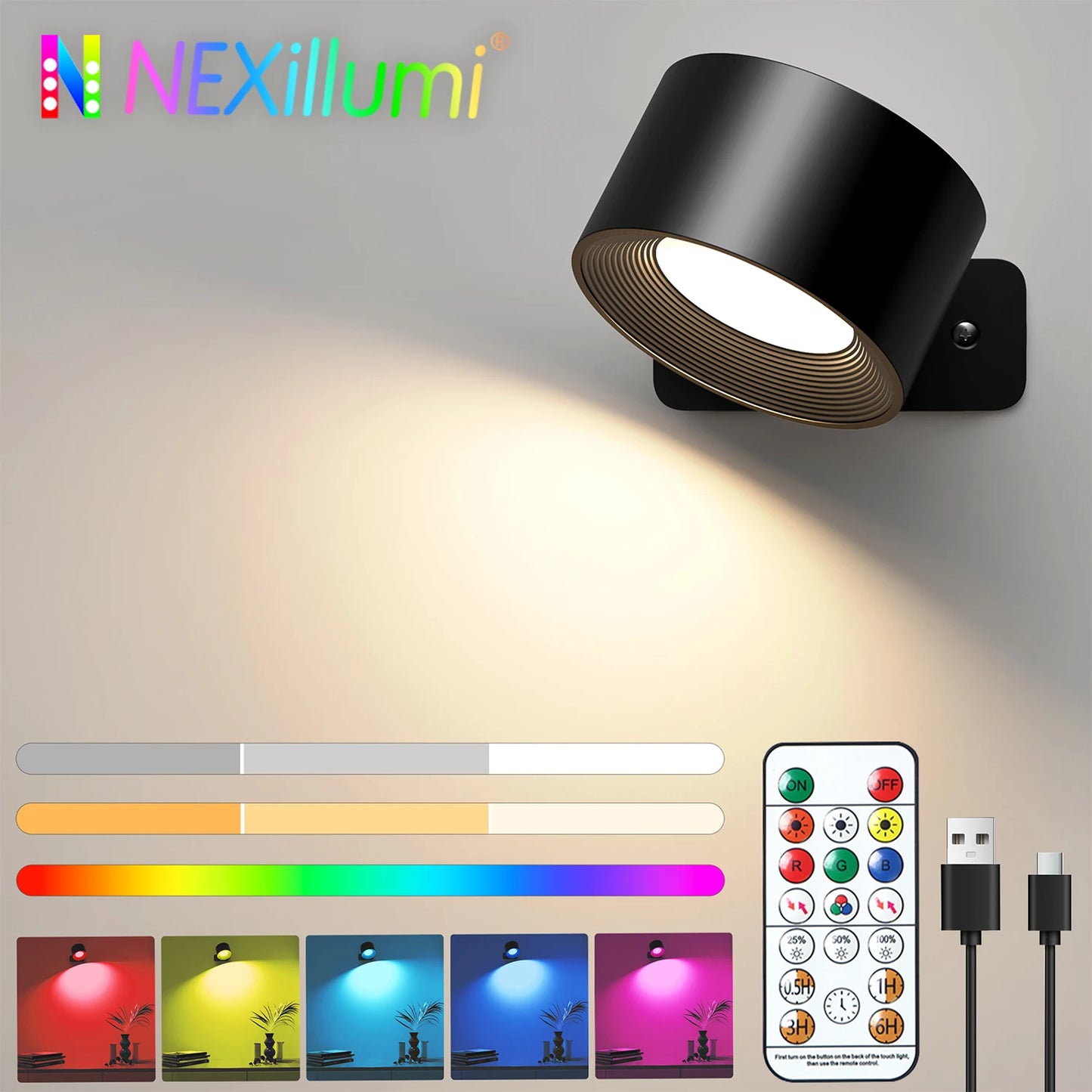 RGB LED Wall Sconce – Battery/USB, Touch Control, 360° Rotation