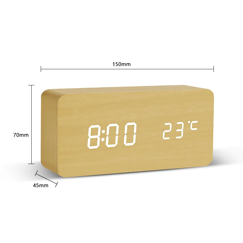 LED Digital Alarm Clock – Wood Finish, Voice Control, USB/Battery