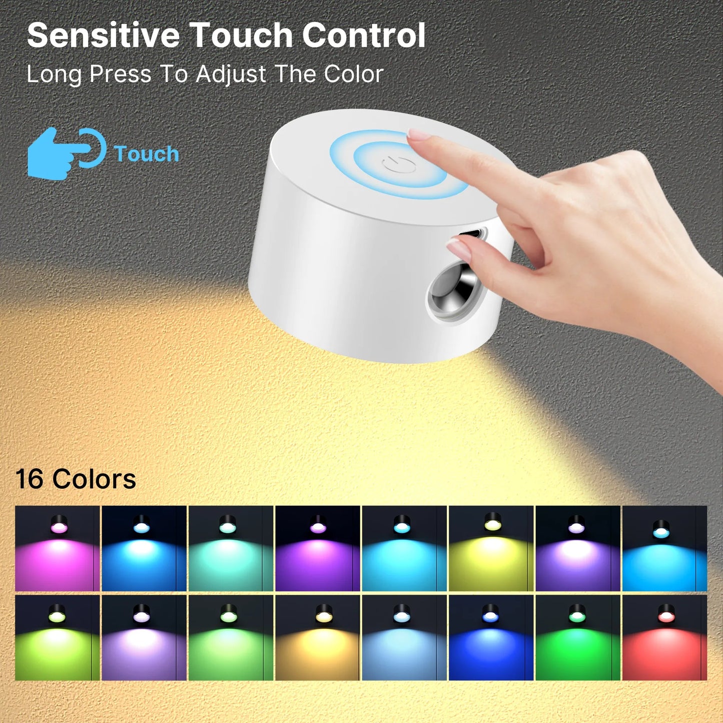 RGB LED Wall Sconce – Battery/USB, Touch Control, 360° Rotation