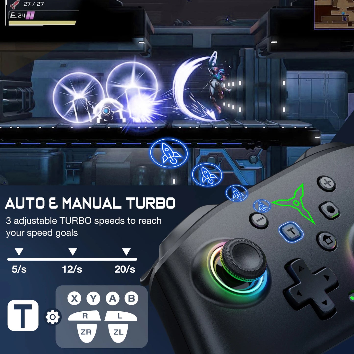 Dinofire Wireless RGB Gaming Controller for Switch, PC & Mobile