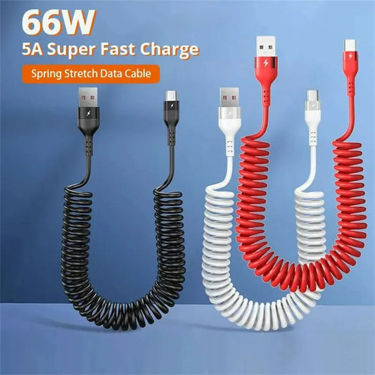 66W Fast Charging Retractable USB-C Cable – 5A Coiled Type-C Charger Cord
