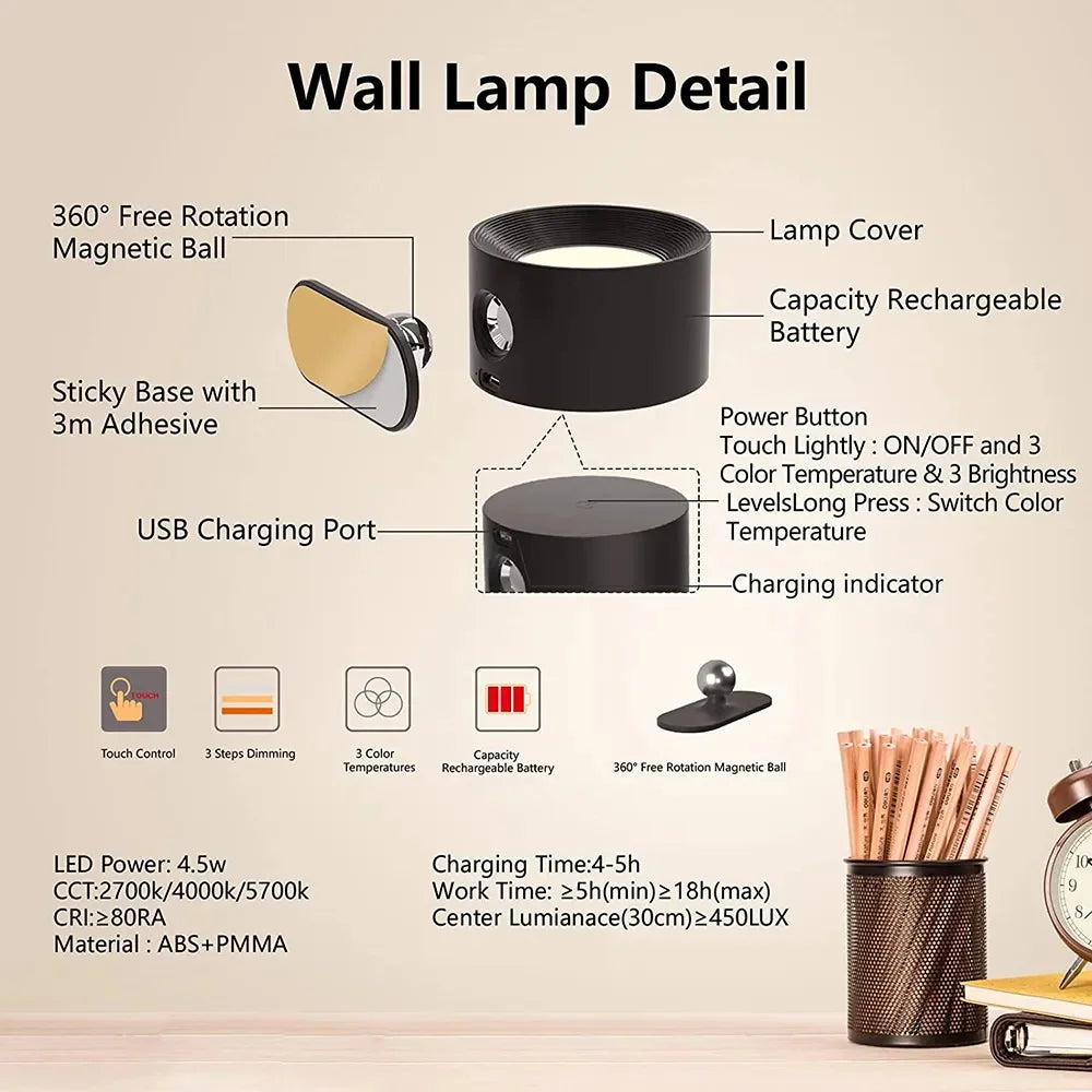 RGB LED Wall Sconce – Battery/USB, Touch Control, 360° Rotation