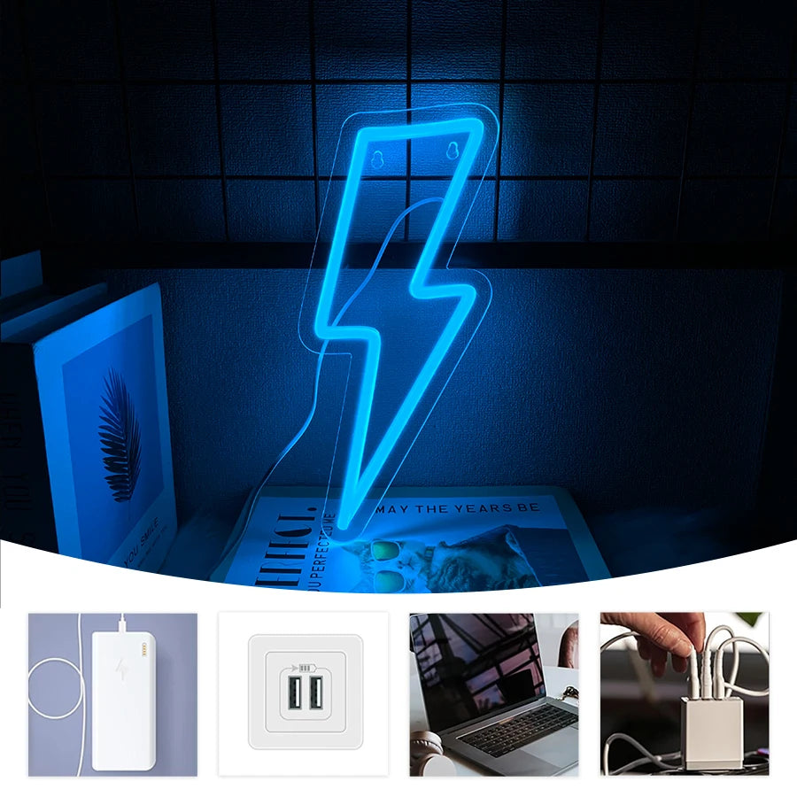 Neon Signs Lightning Bolt Neon Light Sign for Wall Decor,USB Led  Neon Sign for Bedroom, Birthday, Party, Wedding Decorations