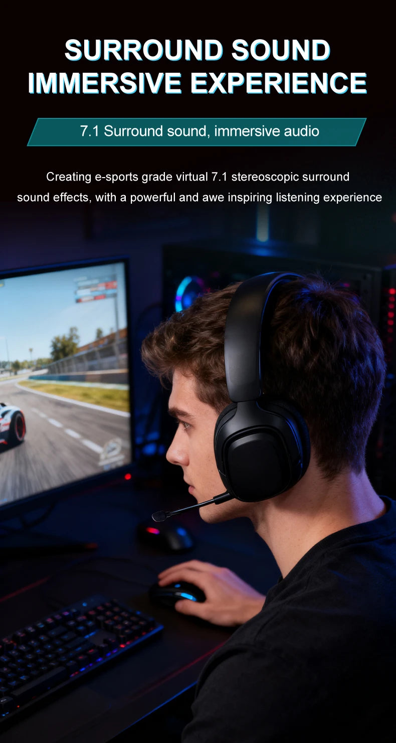 GT808 gaming headset is an ergonomic over-ear wireless headset, equipped with a 360-degree rotatable microphone and breathable