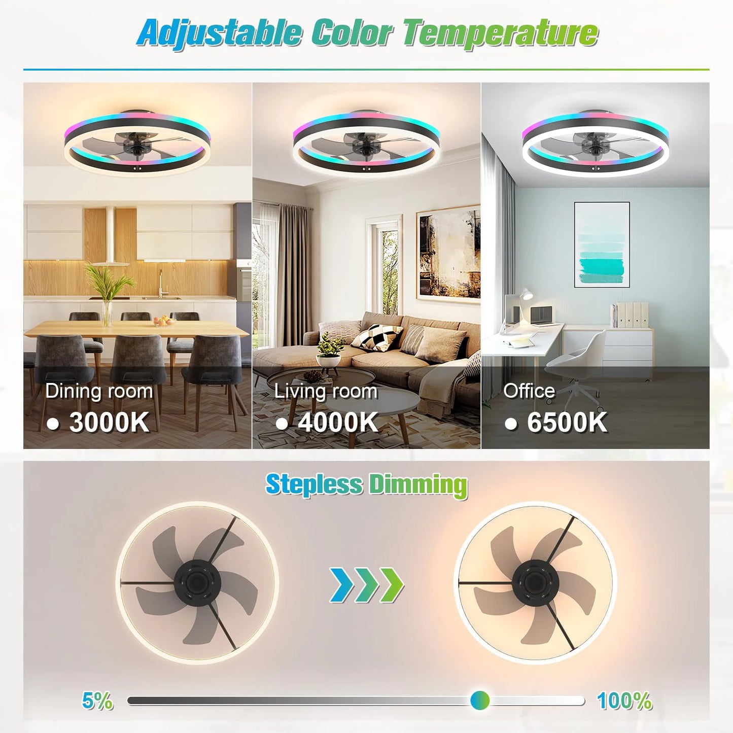50CM RGB Ceiling Fan with LED Light – 6 Speeds, Remote Control