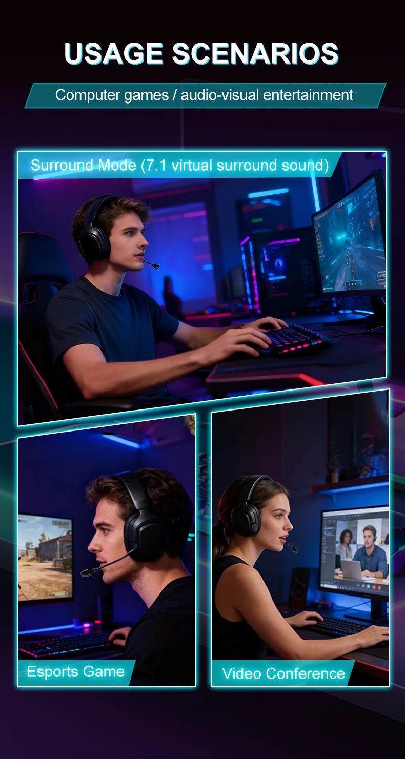GT808 gaming headset is an ergonomic over-ear wireless headset, equipped with a 360-degree rotatable microphone and breathable