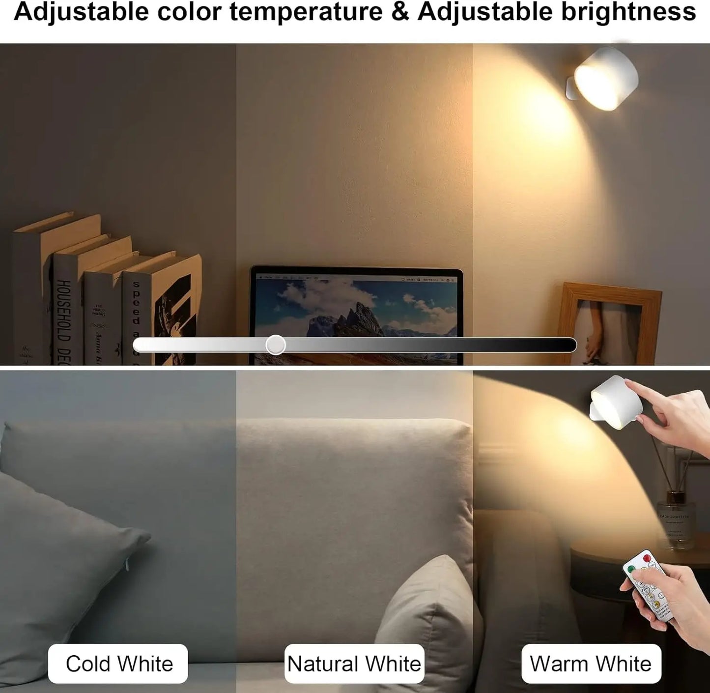 RGB LED Wall Sconce – Battery/USB, Touch Control, 360° Rotation