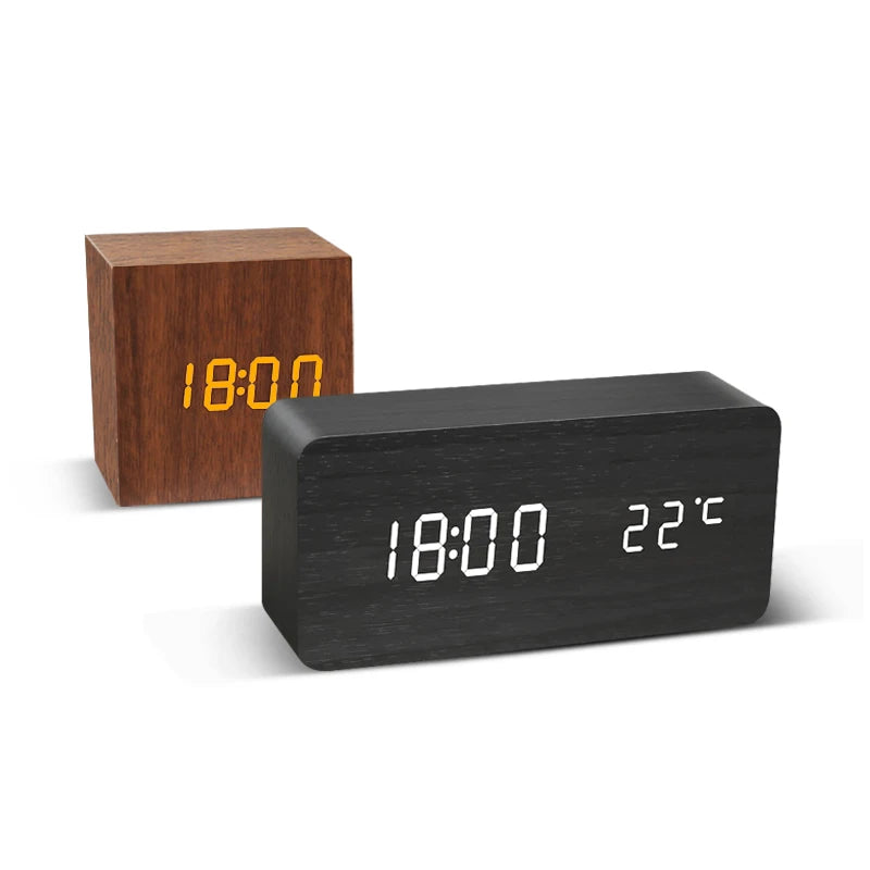 LED Digital Alarm Clock – Wood Finish, Voice Control, USB/Battery