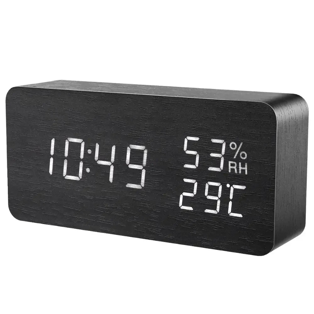 LED Digital Alarm Clock – Wood Finish, Voice Control, USB/Battery