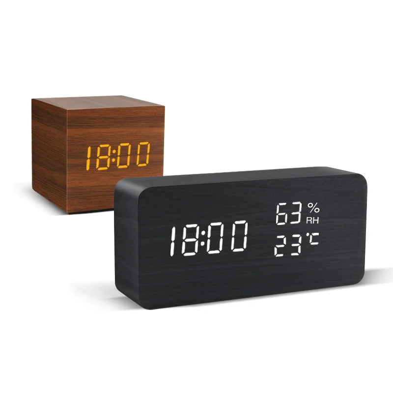 LED Digital Alarm Clock – Wood Finish, Voice Control, USB/Battery